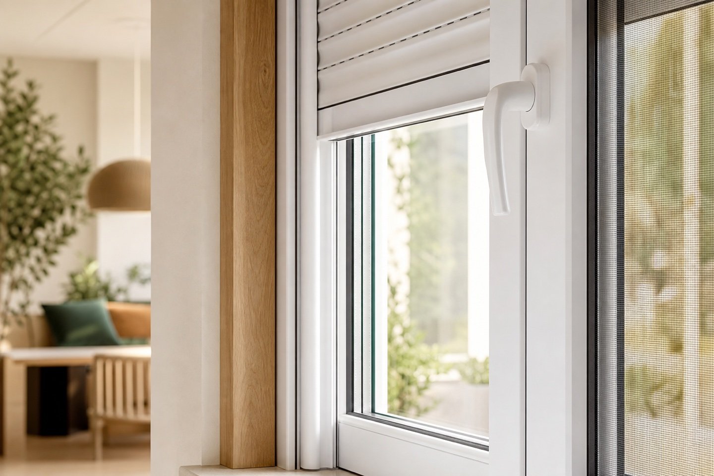 Detalle original de ventana de PVC con persiana y mosquitera